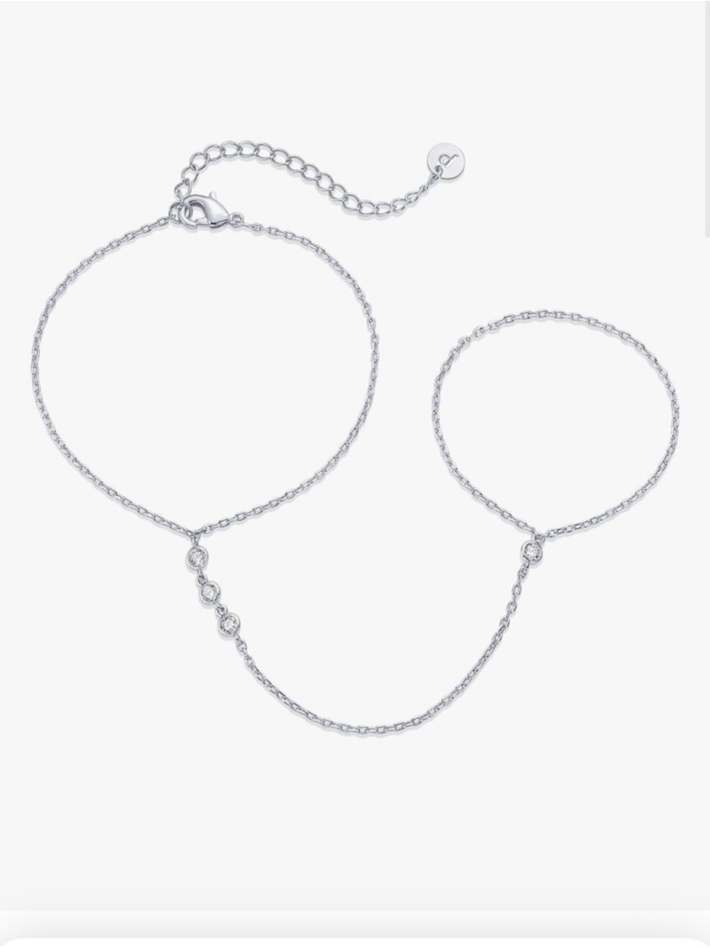 Delicate Silver Double Ring Chain Bracelet with Crystal Accents